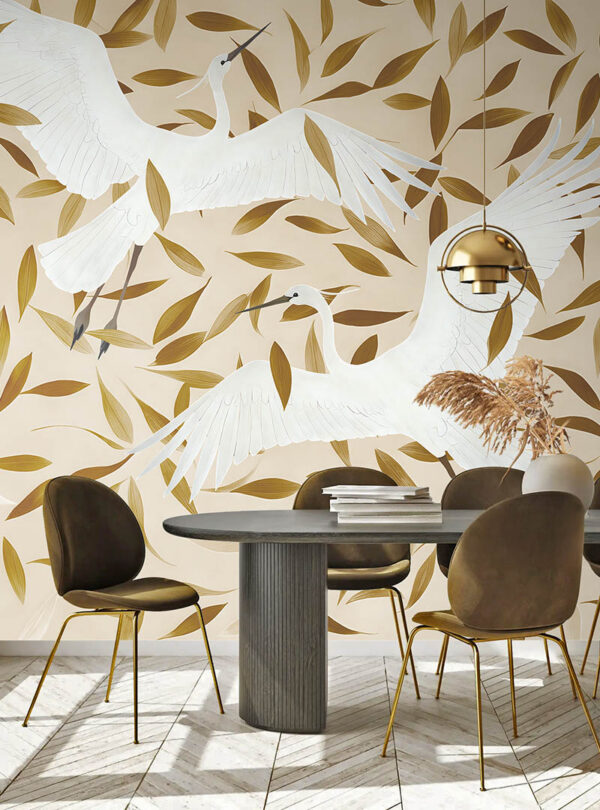 furaito crane wall mural in modern dining room interior with gold accents Toronto