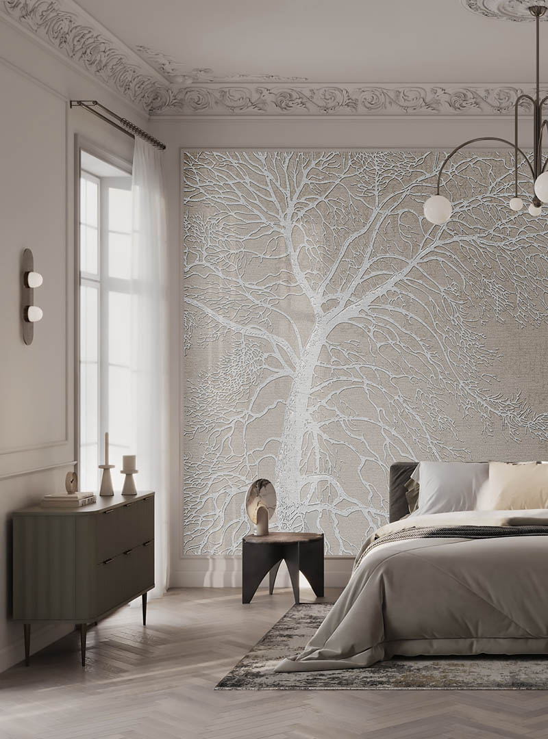 jukanlight textured tree wall mural in modern bedroom interior Toronto