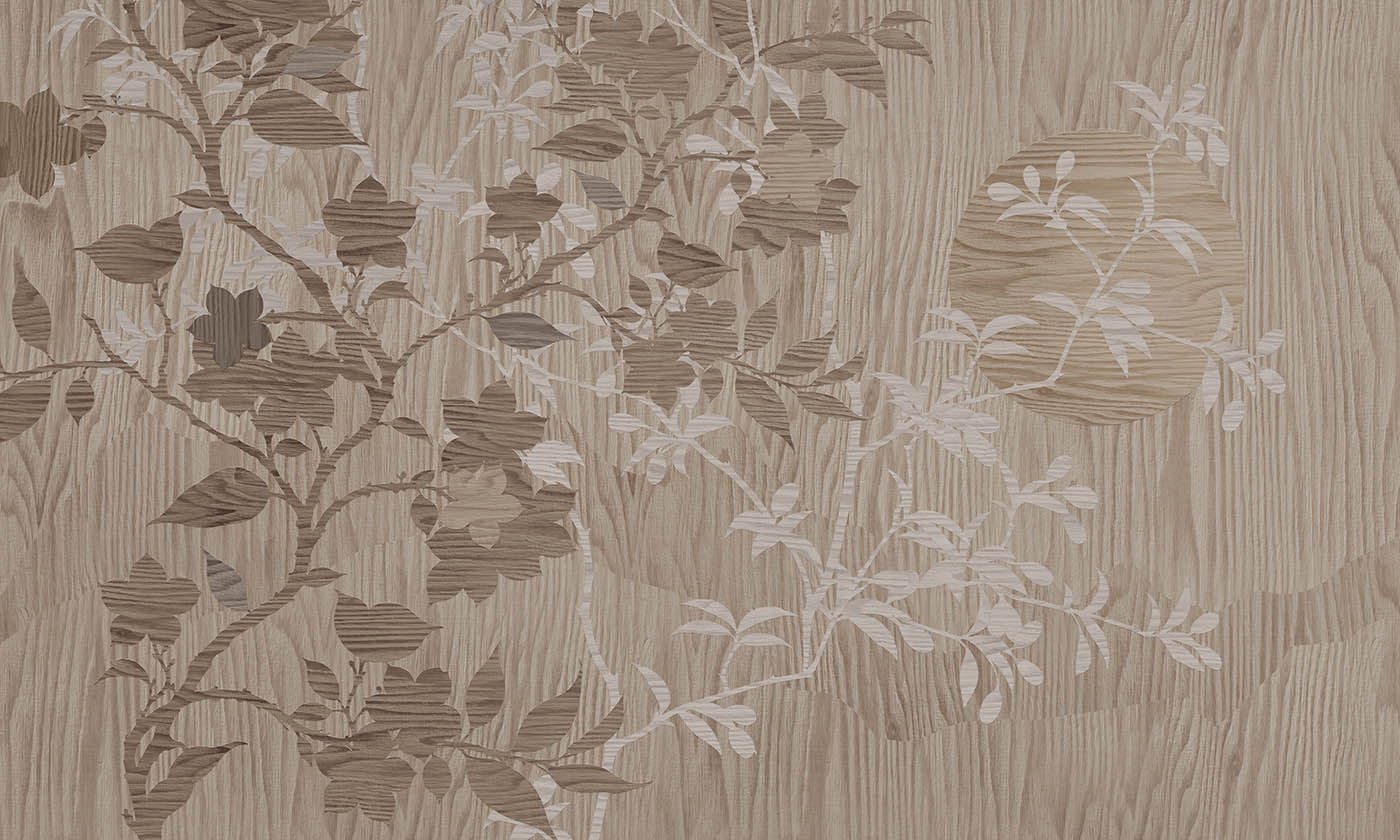 Haru III Neutral Botanical Wallpaper Mural Haru III neutral botanical wallpaper mural with layered branches, flowers, and leaves over a warm wood-grain background.