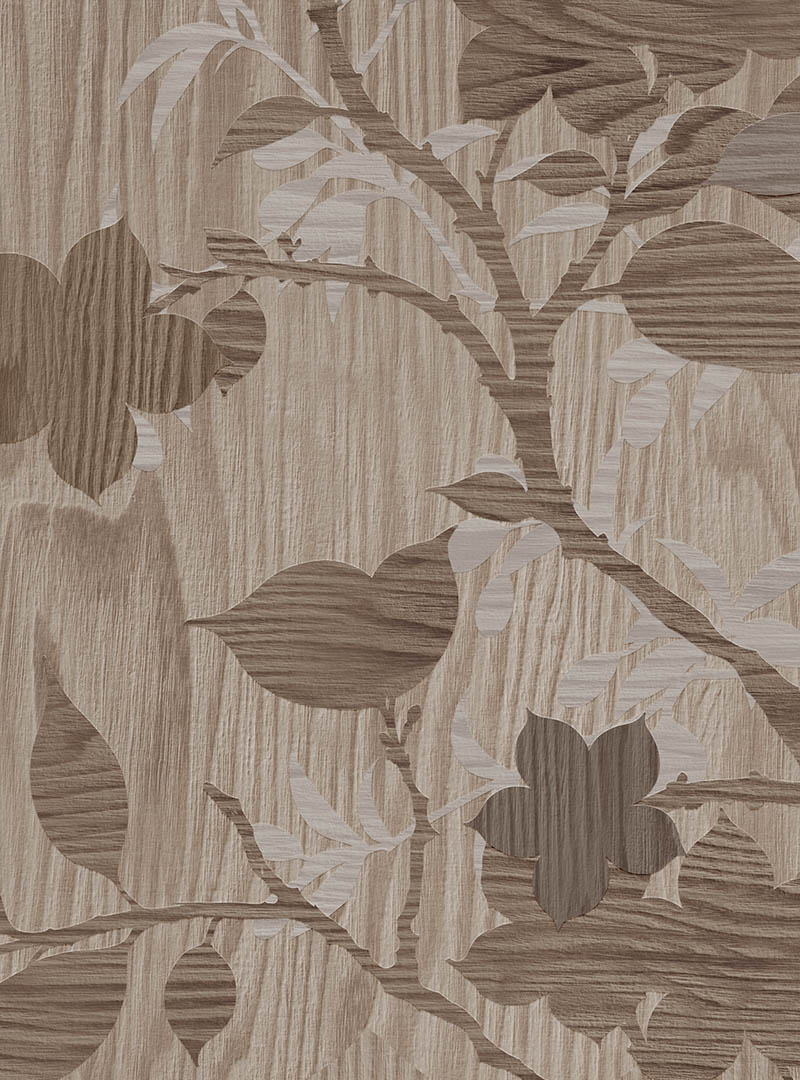 Haru III Botanical Wallpaper Detai Close-up of Haru III wallpaper showing layered brown leaves, pale branches, flowers, and a detailed wood-grain texture.
