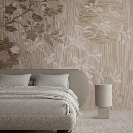Haru III botanical wallpaper installed behind a neutral upholstered bed in a warm contemporary bedroom.