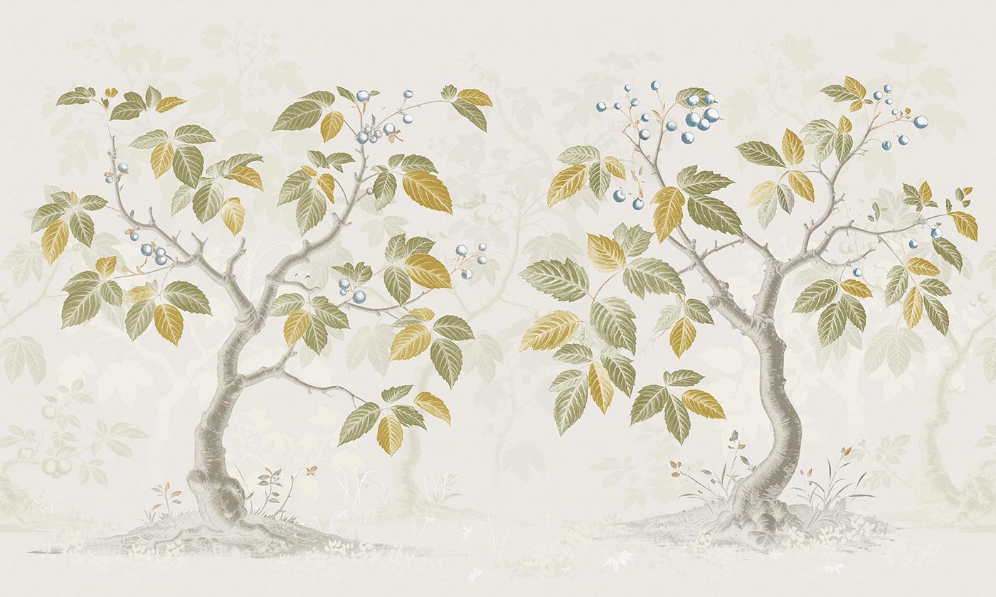 Skog II Full Botanical Mural - Toronto Full Skog II wallpaper mural featuring two illustrated trees with olive, ochre, and blue botanical details across an ivory background.